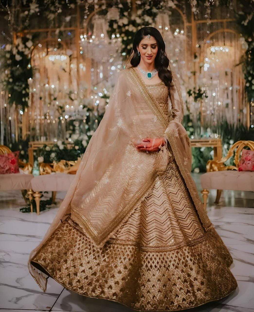 Antique Gold Slub Silk Lehenga Choli, Zari Dori Sequins Embroidery, Bridal Wedding Net Dupatta