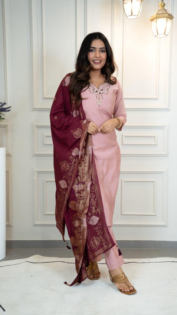 Light Pink Roman Silk Suit Set, Handwork Jacquard Dupatta, Festive Ethnic Wear