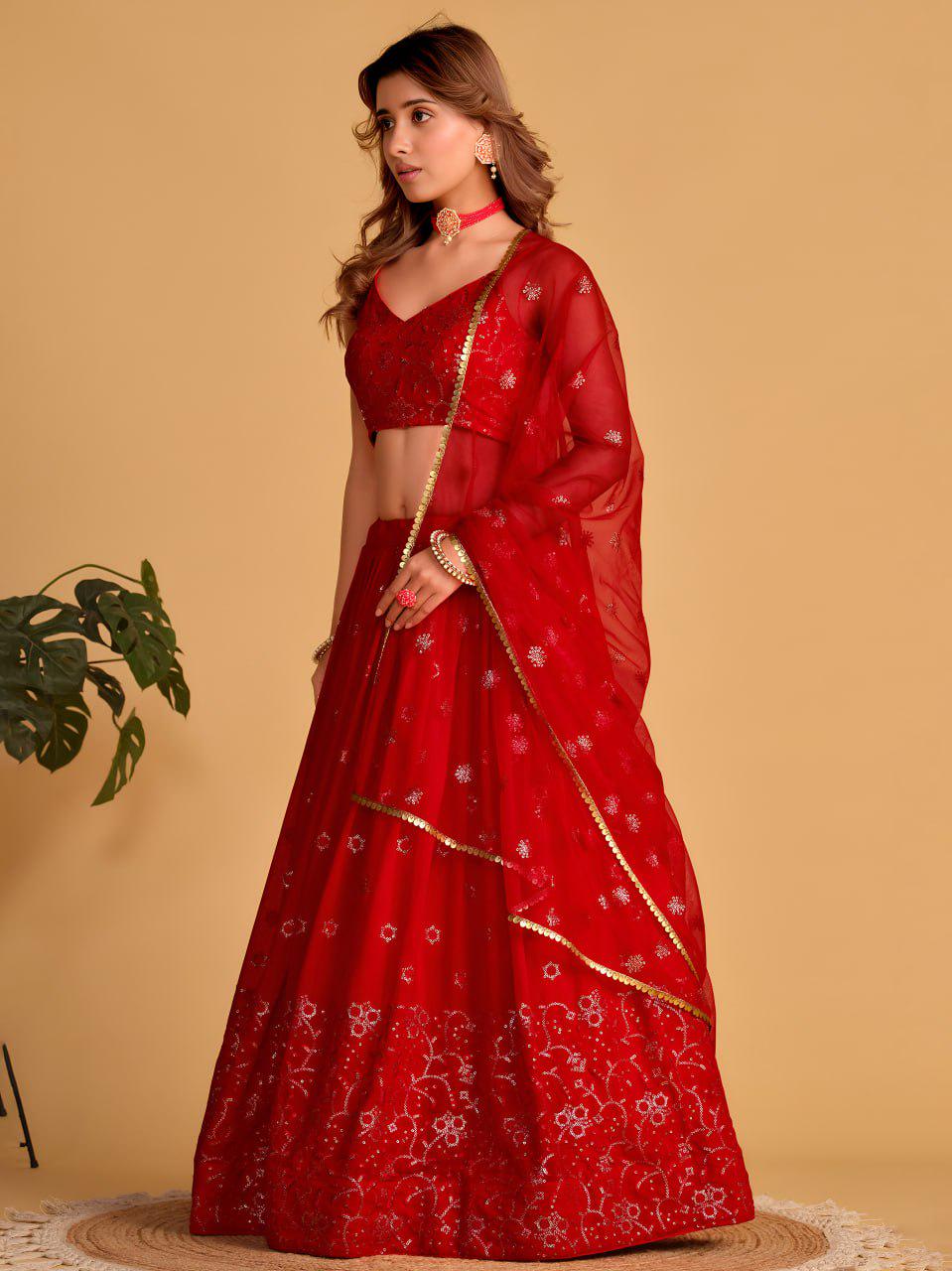 Red Georgette Lehenga Choli Set | Zari Sequin Embroidered Wedding Party Wear (Semi-Stitched)