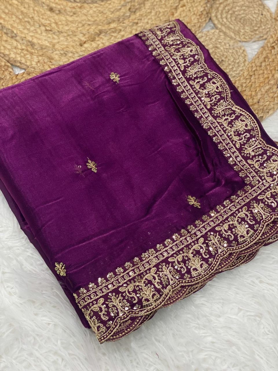 Designer Jimichu Satin Saree with Cutwork Lace Border | Heavy Embroidered Blouse, Festive Wear