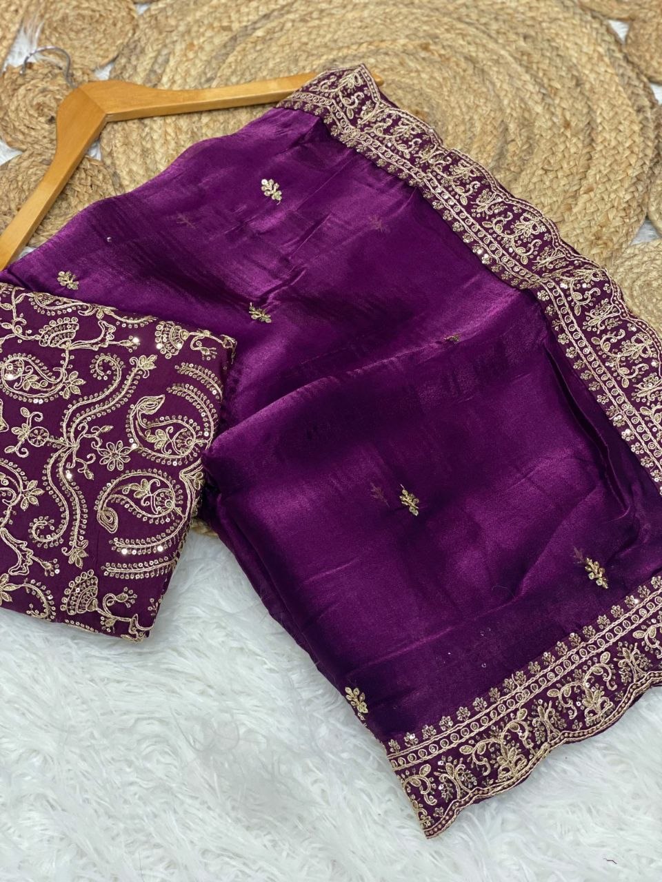 Designer Jimichu Satin Saree with Cutwork Lace Border | Heavy Embroidered Blouse, Festive Wear
