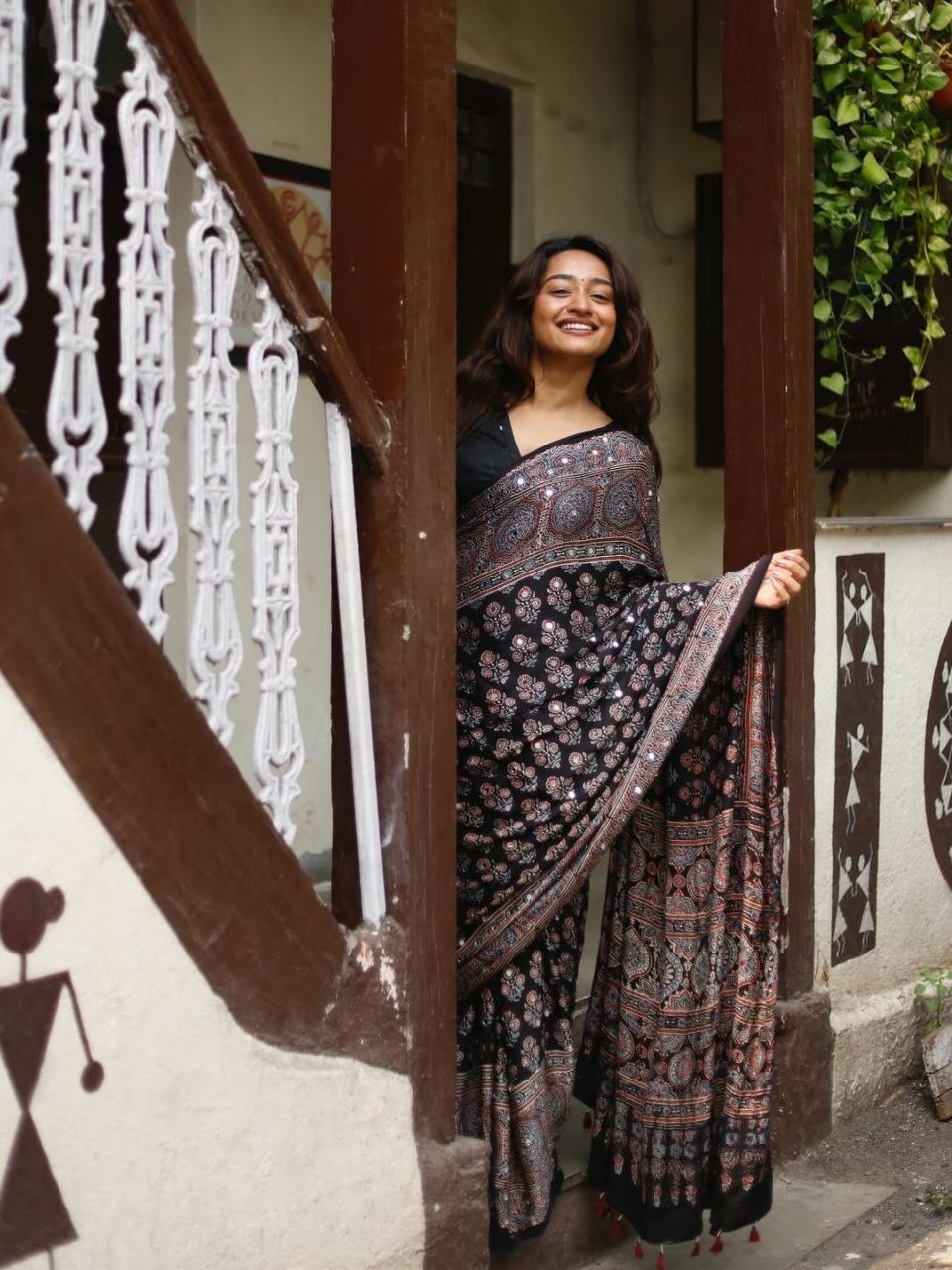 Soft Satin Silk Ajrakh Print Saree with Real Mirror Work | Festive Indian Wedding Wear