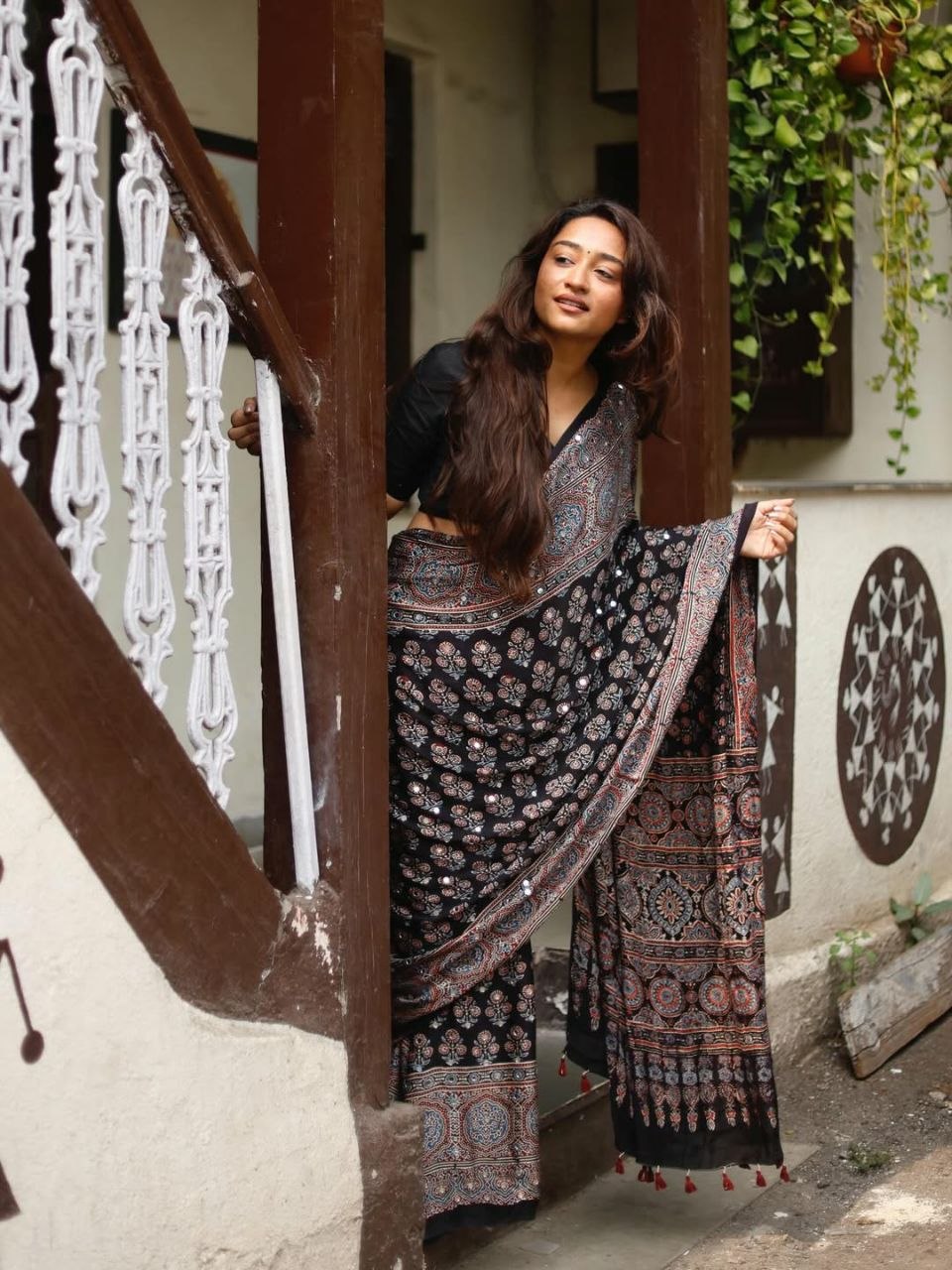 Soft Satin Silk Ajrakh Print Saree with Real Mirror Work | Festive Indian Wedding Wear