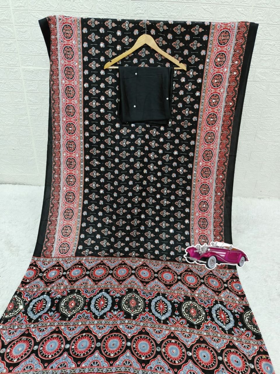 Soft Satin Silk Ajrakh Print Saree with Real Mirror Work | Festive Indian Wedding Wear