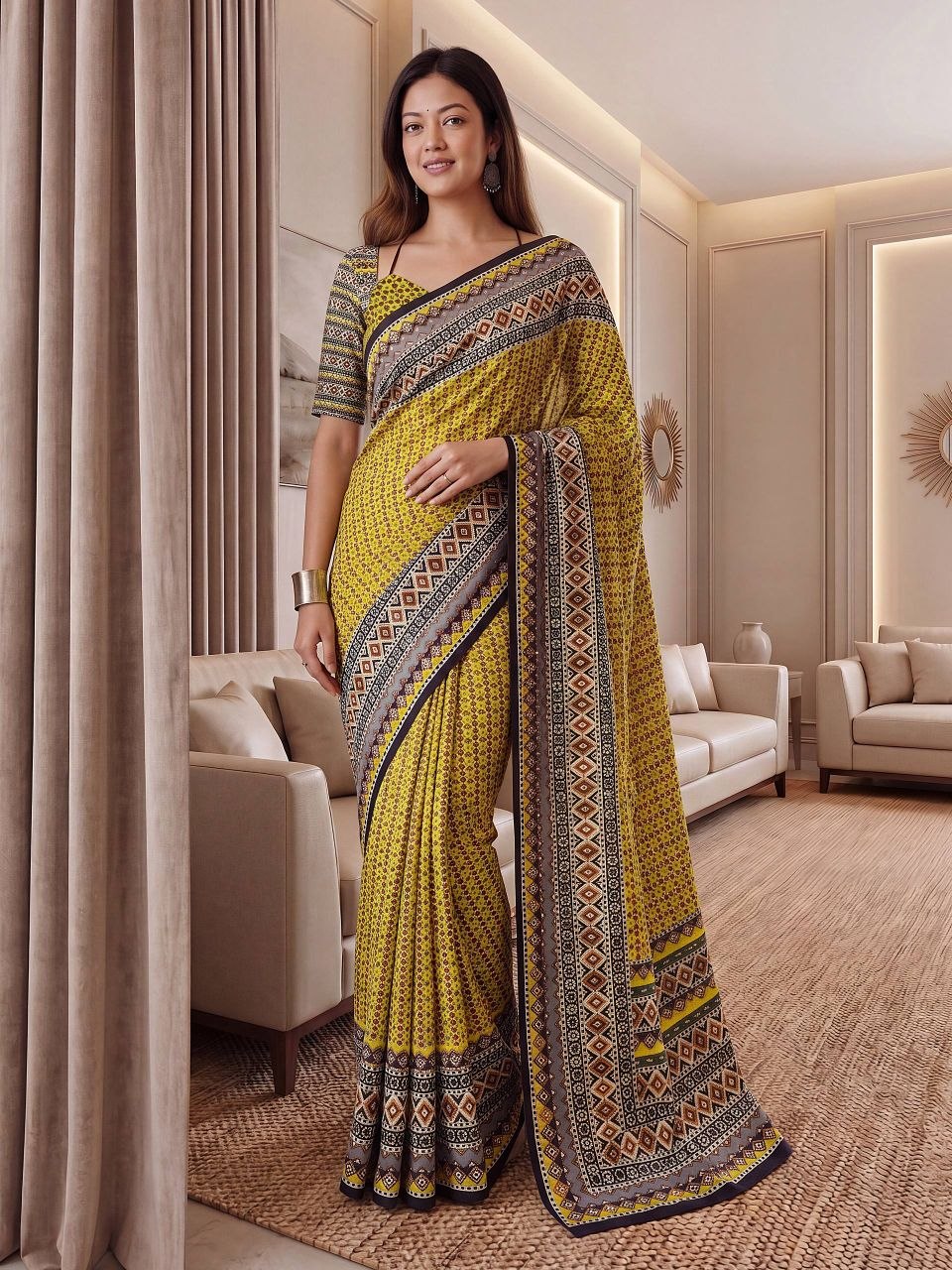 Chinon Ajrak Print Saree with Real Mirror Work | Unstitched Blouse Piece