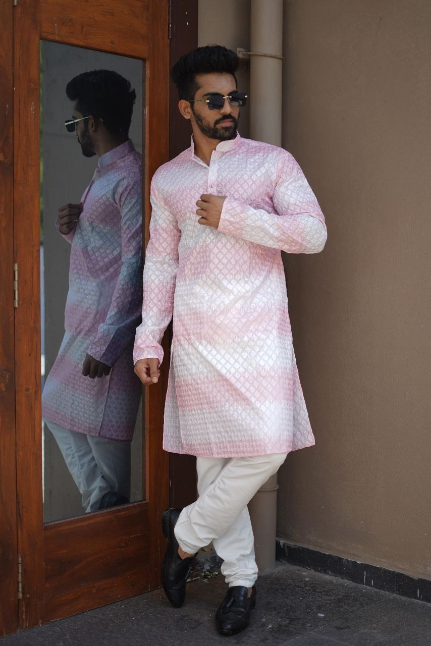 Men's Kurta Pajama Set | Heavy PC Cotton, Embroidery Shading Print, Indian Ethnic Wear