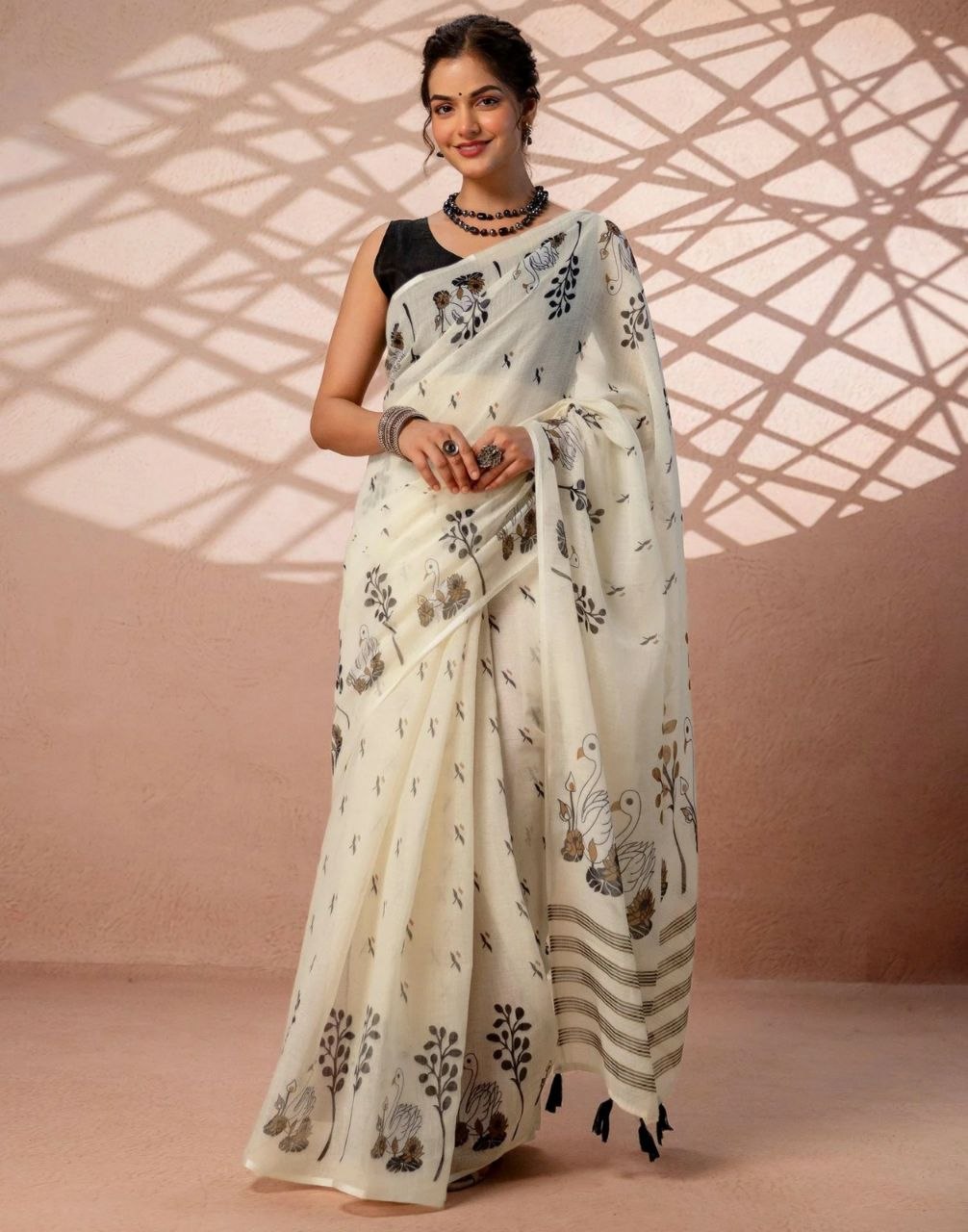 Soft Linen Cotton Printed Saree with Tassel Pallu | Lightweight Indian Saree (Unstitched Blouse Piece)