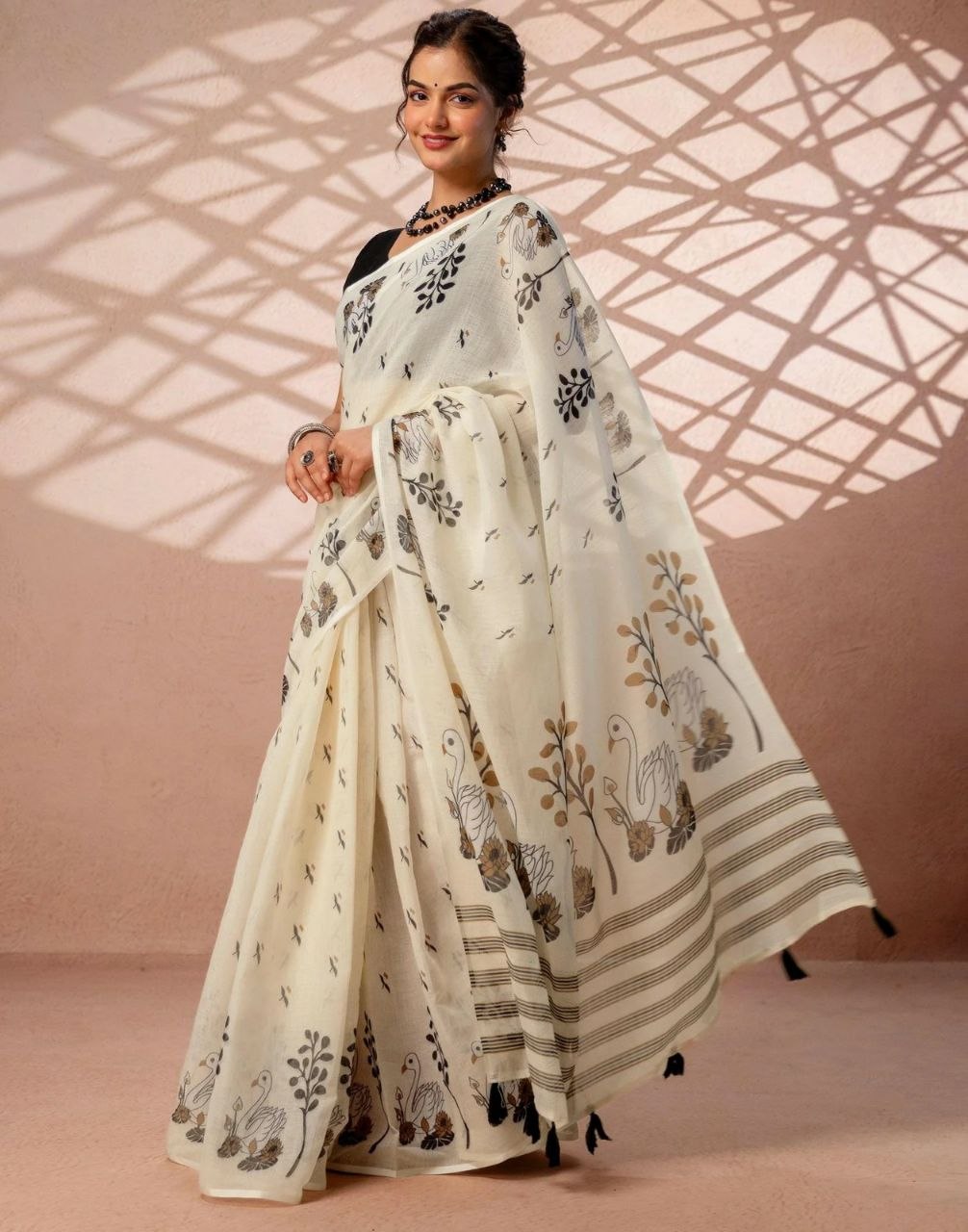 Soft Linen Cotton Printed Saree with Tassel Pallu | Lightweight Indian Saree (Unstitched Blouse Piece)