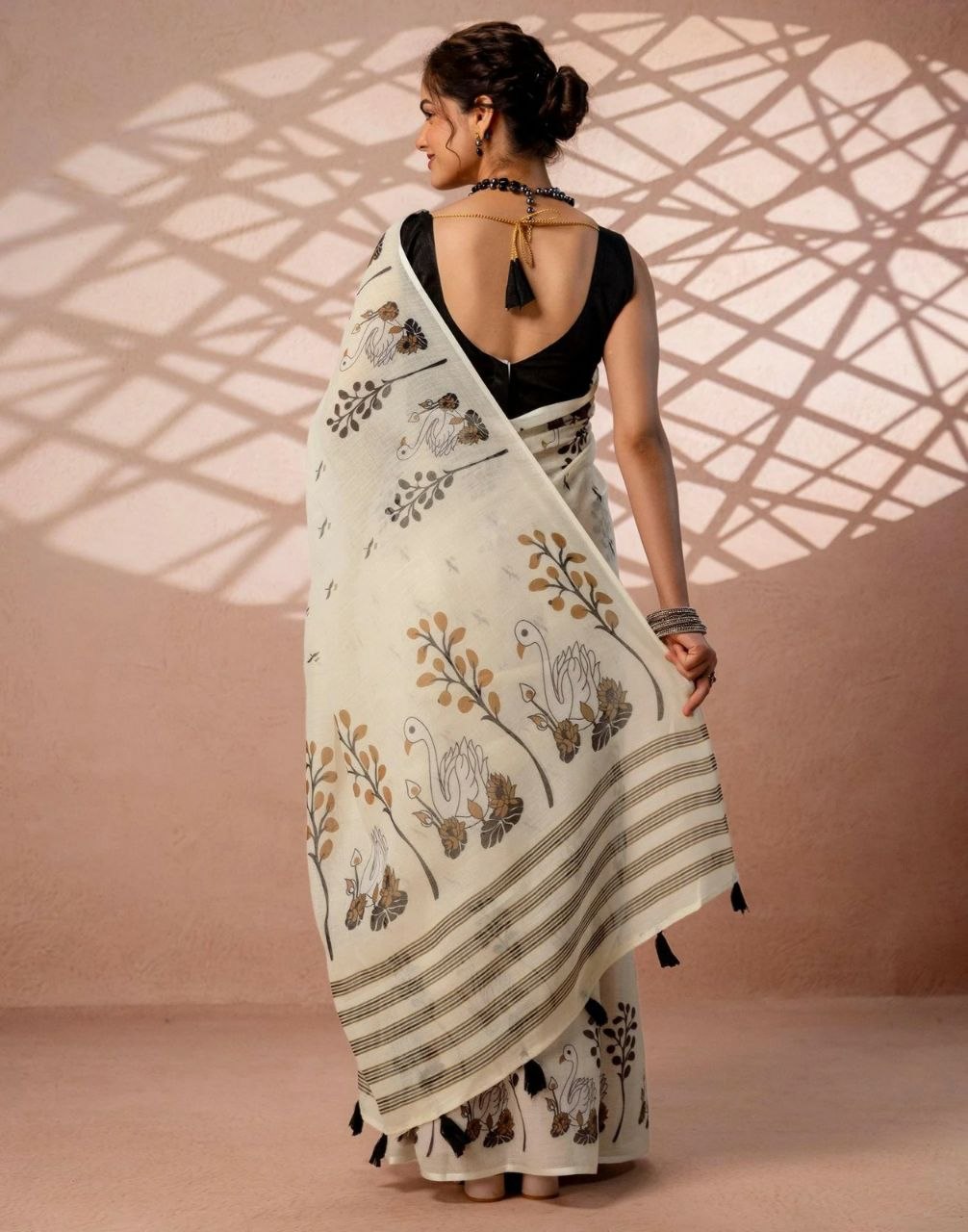 Soft Linen Cotton Printed Saree with Tassel Pallu | Lightweight Indian Saree (Unstitched Blouse Piece)
