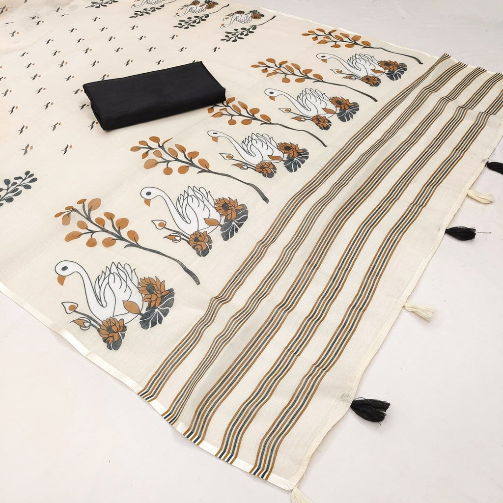 Soft Linen Cotton Printed Saree with Tassel Pallu | Lightweight Indian Saree (Unstitched Blouse Piece)