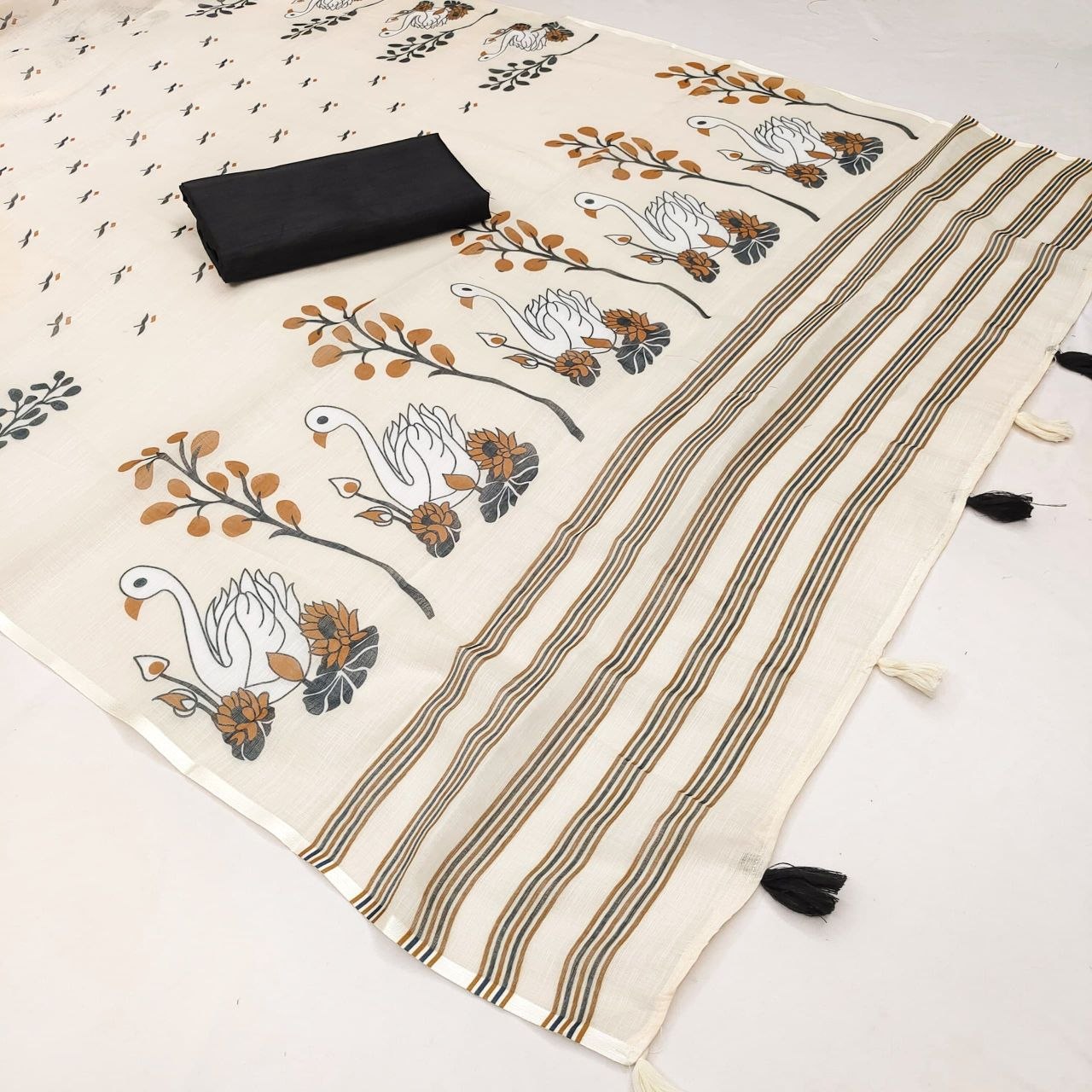 Soft Linen Cotton Printed Saree with Tassel Pallu | Lightweight Indian Saree (Unstitched Blouse Piece)