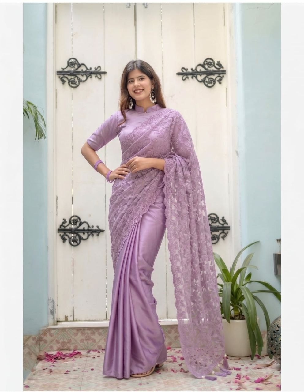 Lavender Purple Satin Silk Saree | Floral Embroidered Net Pallu, Party Wear, Unstitched Blouse