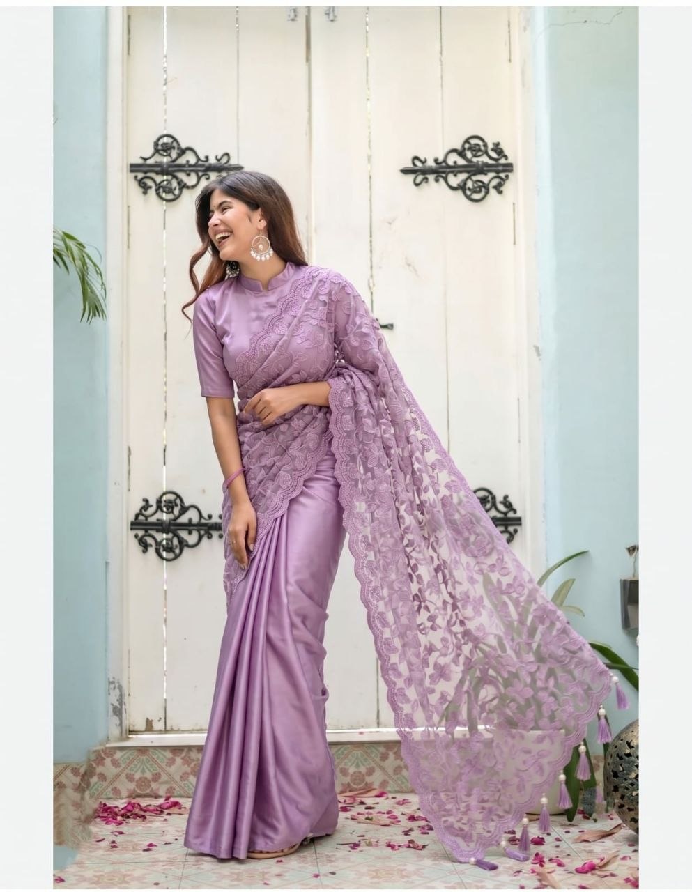 Lavender Purple Satin Silk Saree | Floral Embroidered Net Pallu, Party Wear, Unstitched Blouse