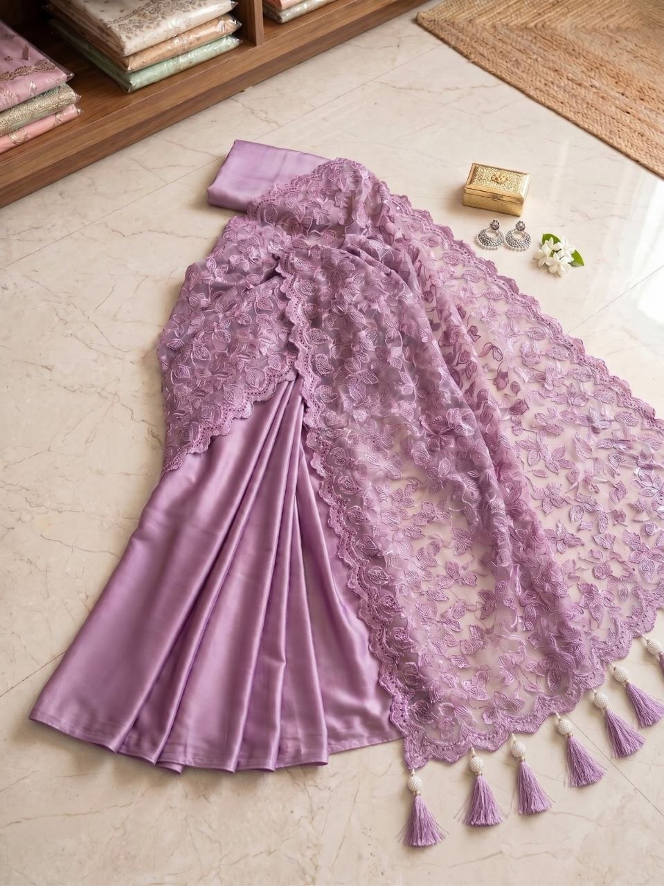 Lavender Purple Satin Silk Saree | Floral Embroidered Net Pallu, Party Wear, Unstitched Blouse