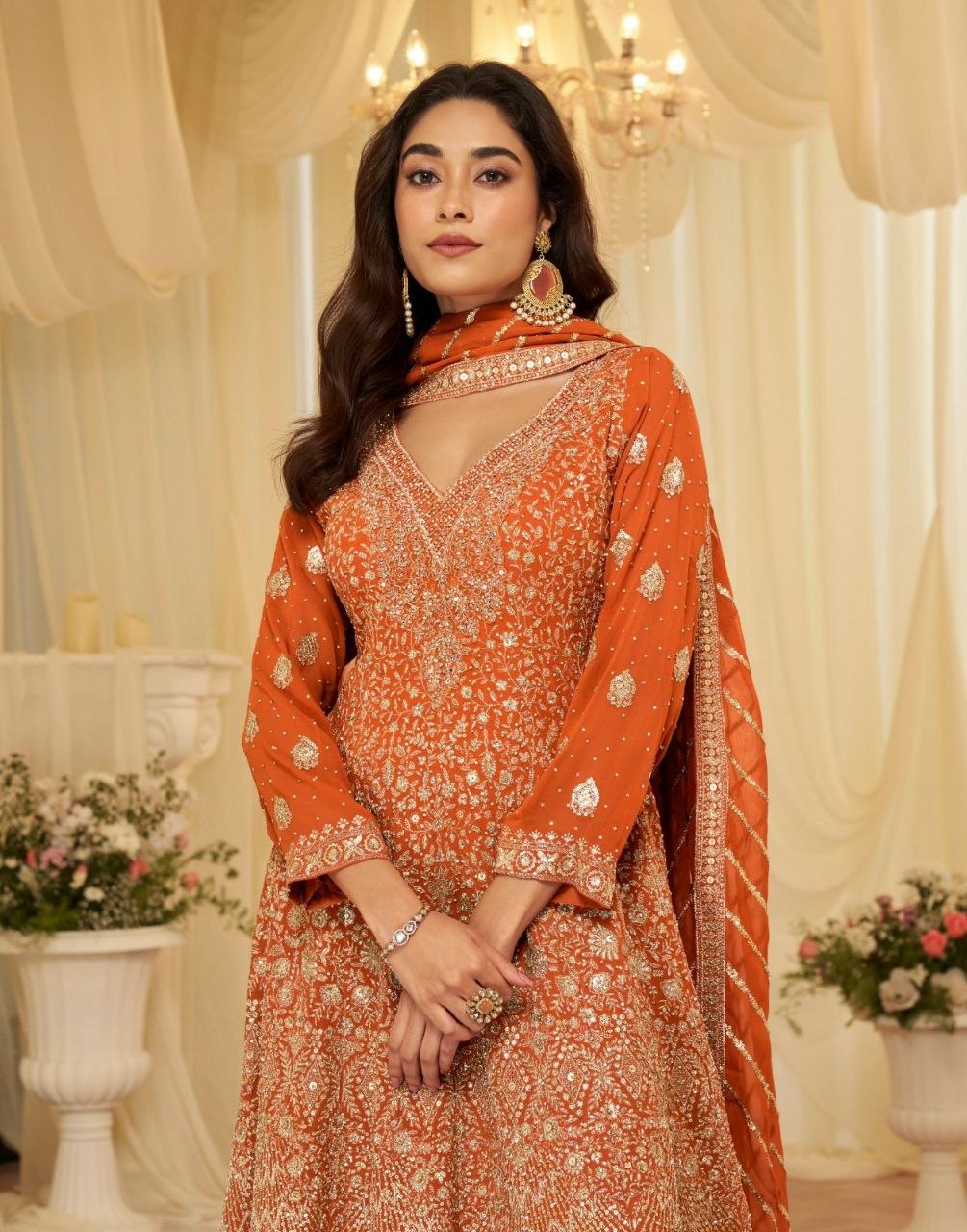 Women's Georgette Palazzo Suit Set | Zari, Thread & Sequin Embroidered Salwar Kameez | Fully Stitched Party Wear Suit with Net Dupatta