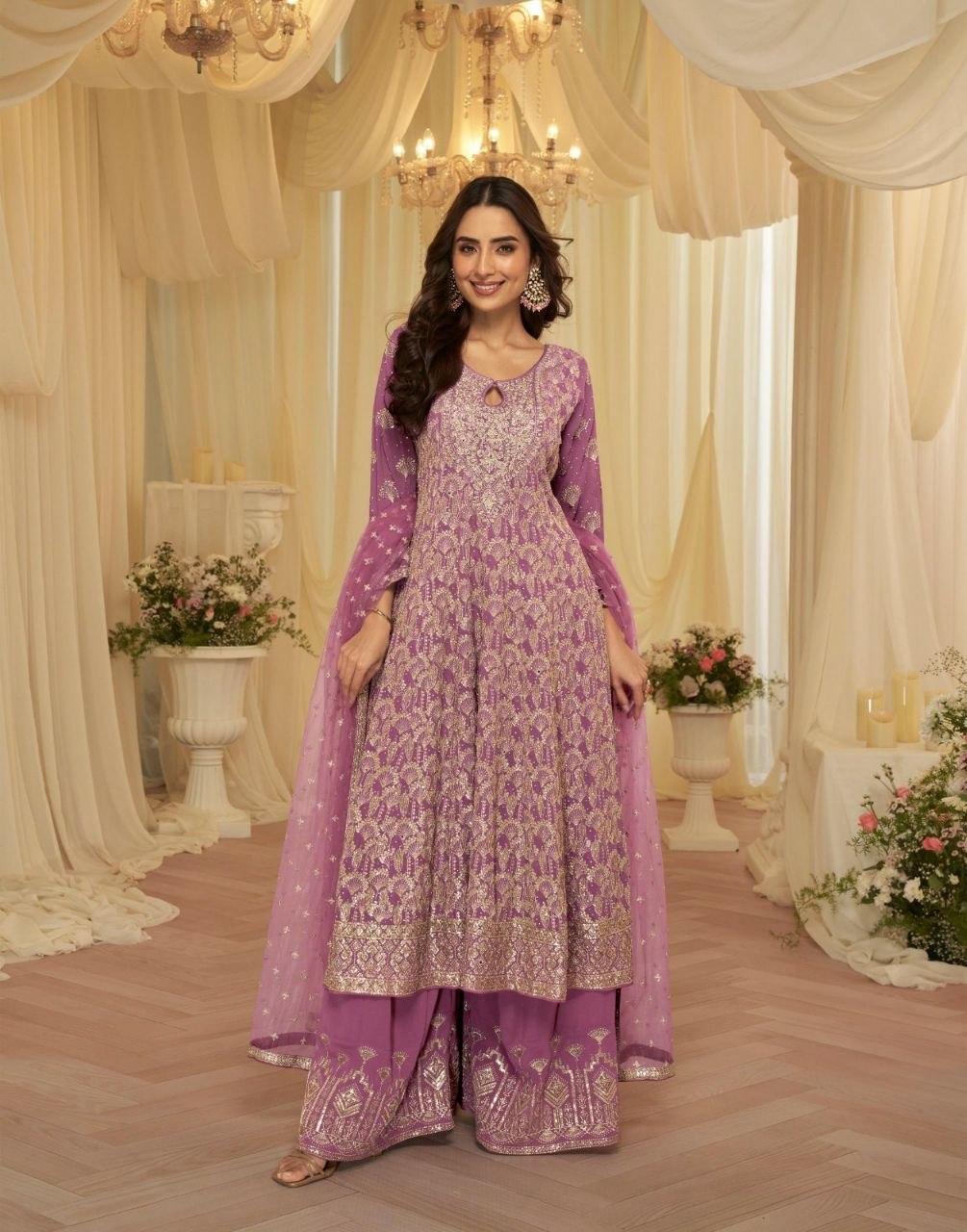 Women's Georgette Palazzo Suit Set | Zari, Thread & Sequin Embroidered Salwar Kameez | Fully Stitched Party Wear Suit with Net Dupatta
