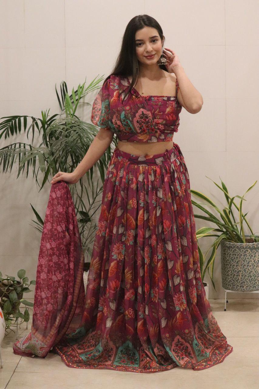 Wine Floral Print Organza Silk Lehenga Choli Set | Padded Blouse, Dupatta