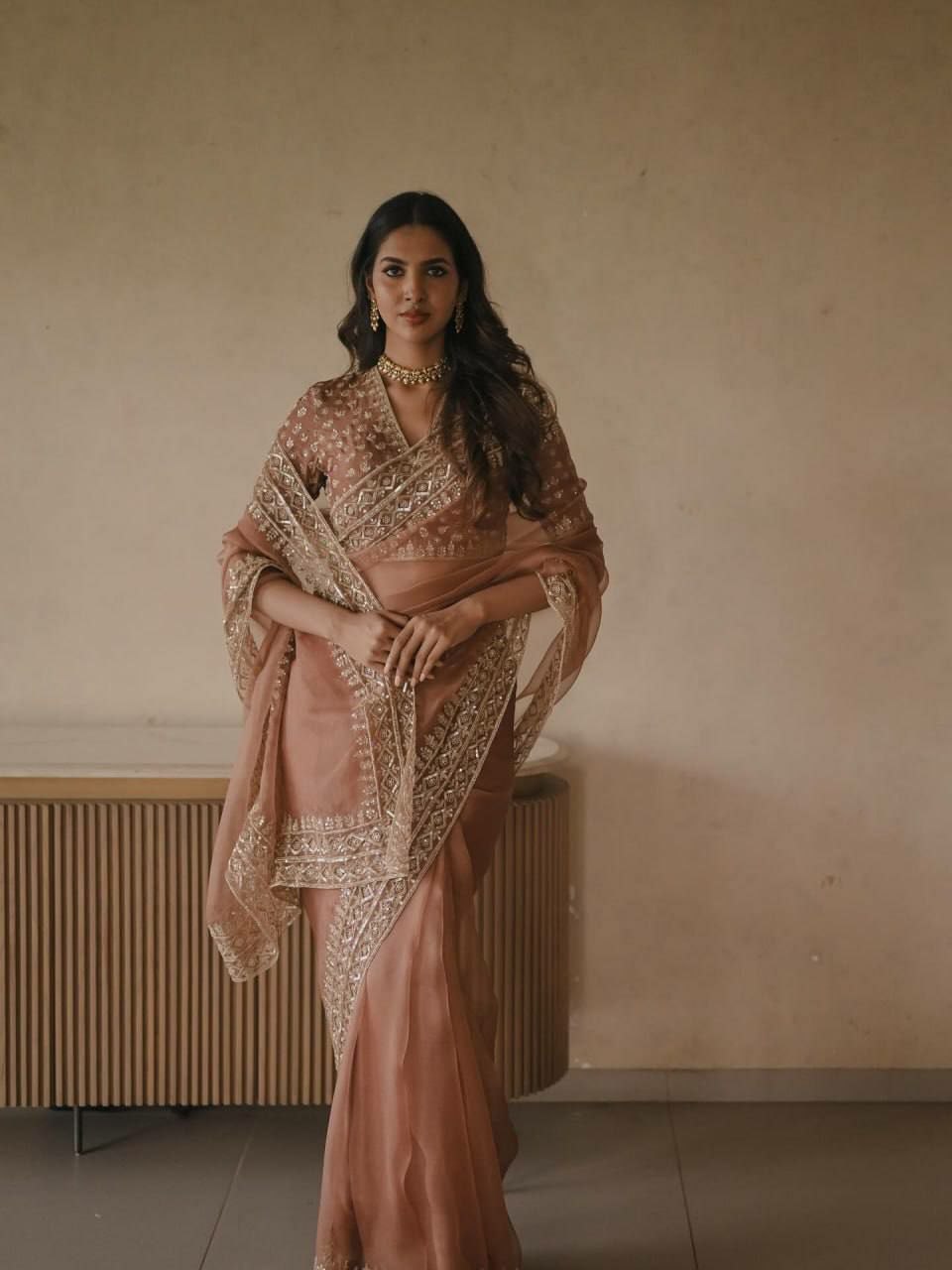 Tibby Silk Saree with Thread & Sequin Embroidery | Designer Party Wear Silk Saree | Festive Saree with Embroidered Unstitched Blouse