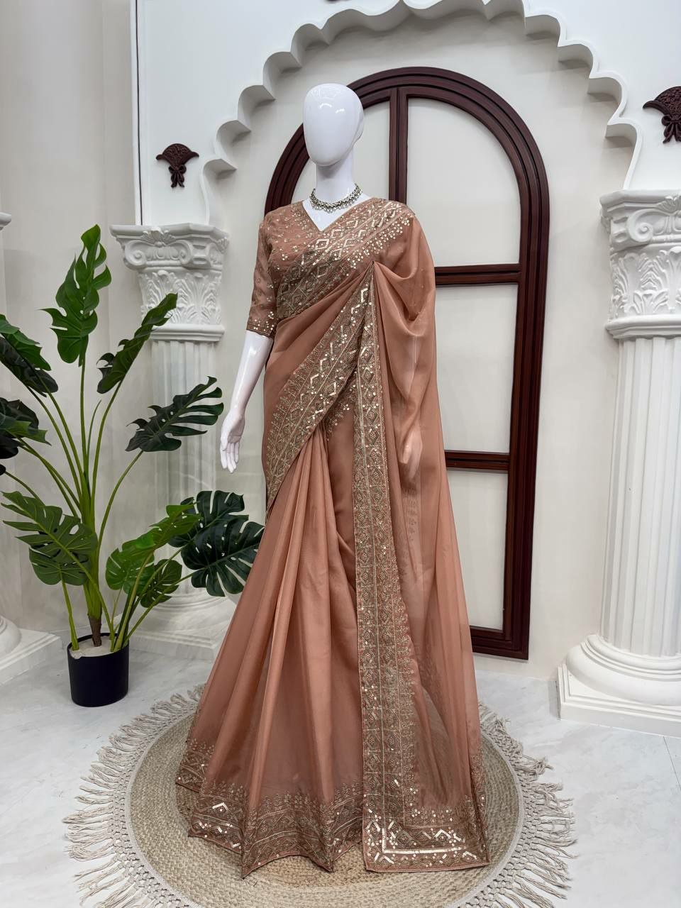 Tibby Silk Saree with Thread & Sequin Embroidery | Designer Party Wear Silk Saree | Festive Saree with Embroidered Unstitched Blouse