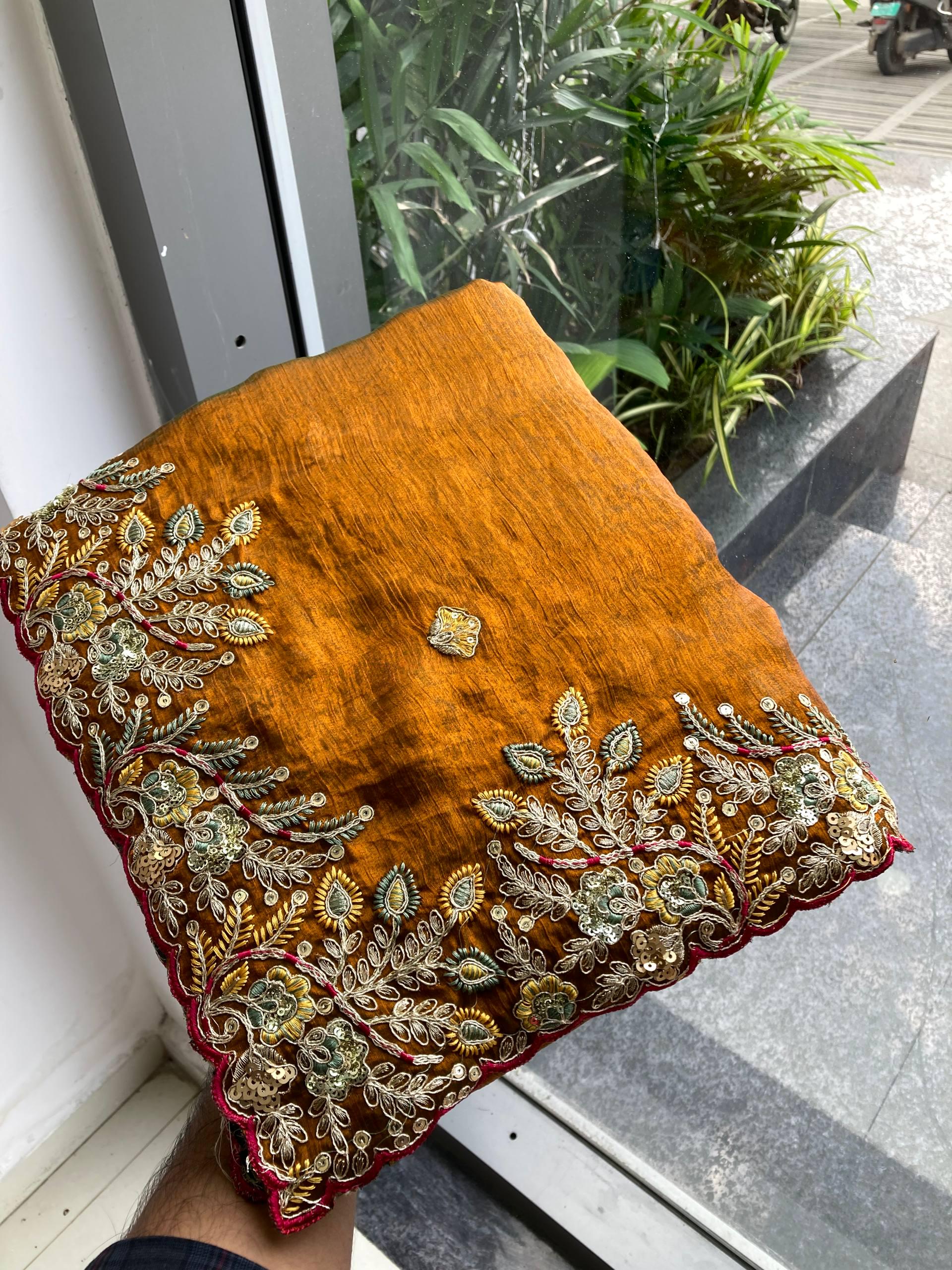 Soft Fendy Chiffon Saree with Embroidered Cutwork Border | Designer Wedding Party Wear Blouse