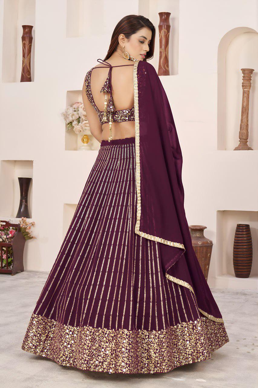 Wine Georgette Lehenga Choli Set | Zari Sequins Embroidery, A-Line Party Wear