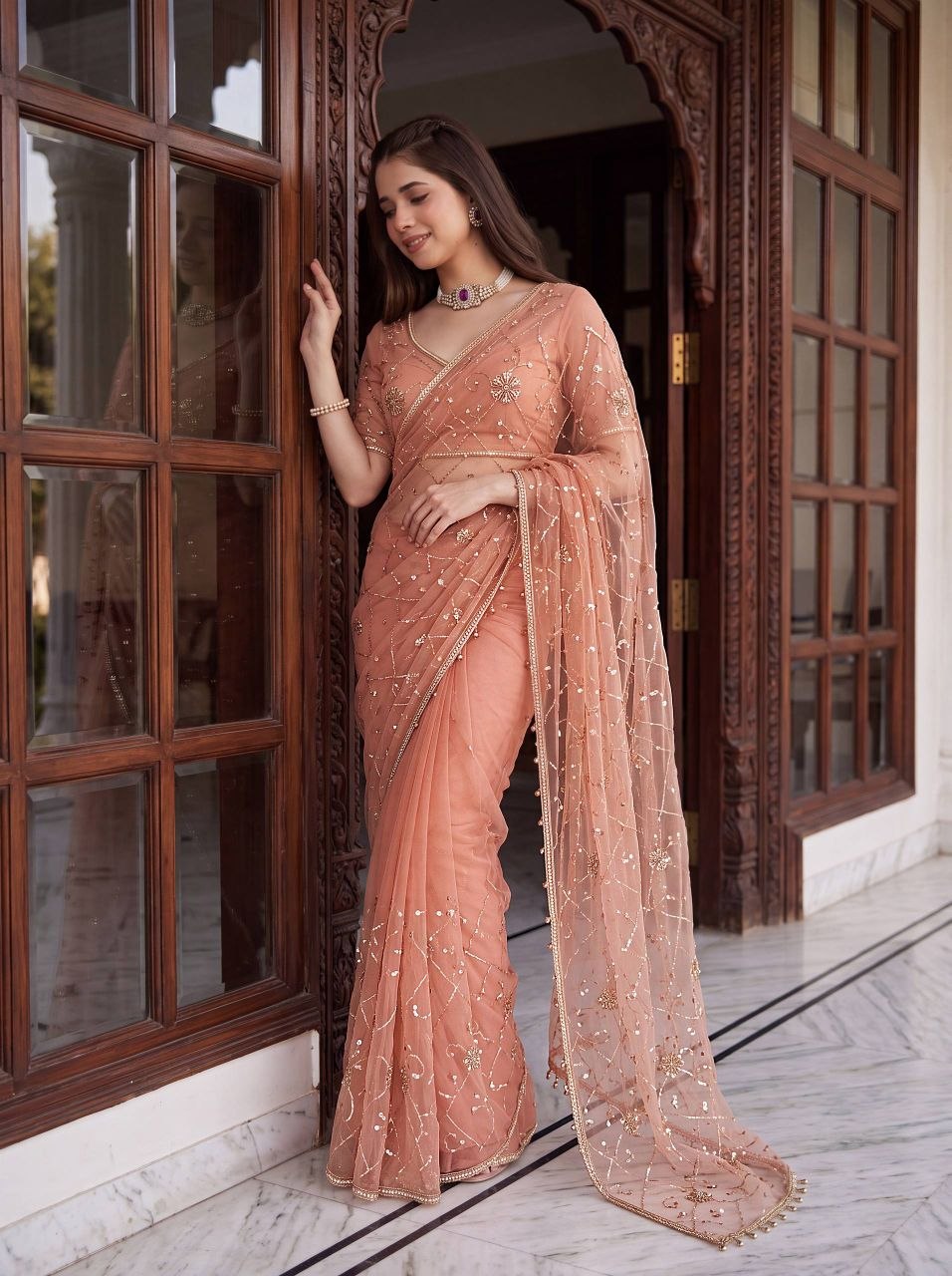 Designer Net Embroidered Saree | Beads, Pearls & Sequin Work Saree | Luxury Party Wear Saree, Unstitched Blouse | Wedding Reception Saree