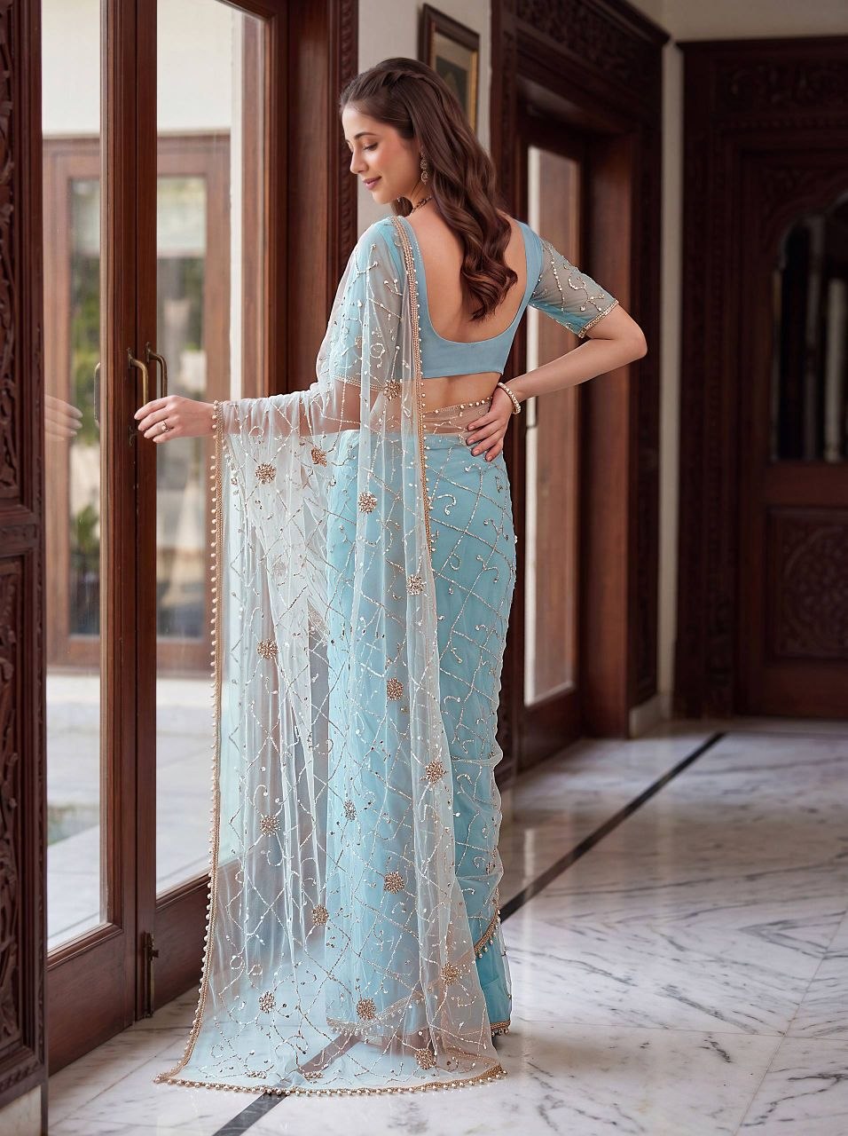 Designer Net Embroidered Saree | Beads, Pearls & Sequin Work Saree | Luxury Party Wear Saree, Unstitched Blouse | Wedding Reception Saree