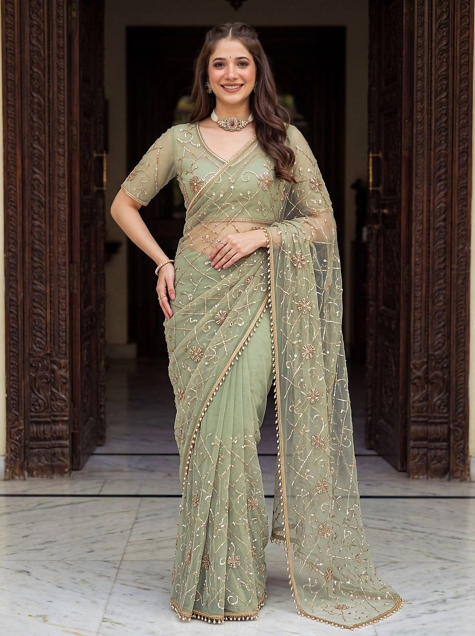 Designer Net Embroidered Saree | Beads, Pearls & Sequin Work Saree | Luxury Party Wear Saree, Unstitched Blouse | Wedding Reception Saree