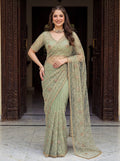 Designer Net Embroidered Saree | Beads, Pearls & Sequin Work Saree | Luxury Party Wear Saree, Unstitched Blouse | Wedding Reception Saree
