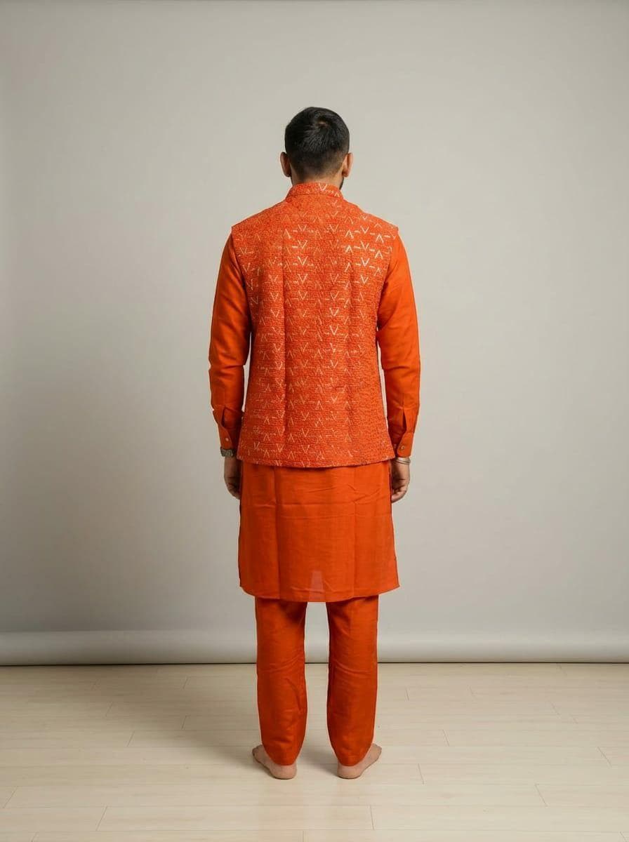 Men's Silk Kurta Pant Set with Embroidered Koti | Festive Ethnic 3-Piece Outfit