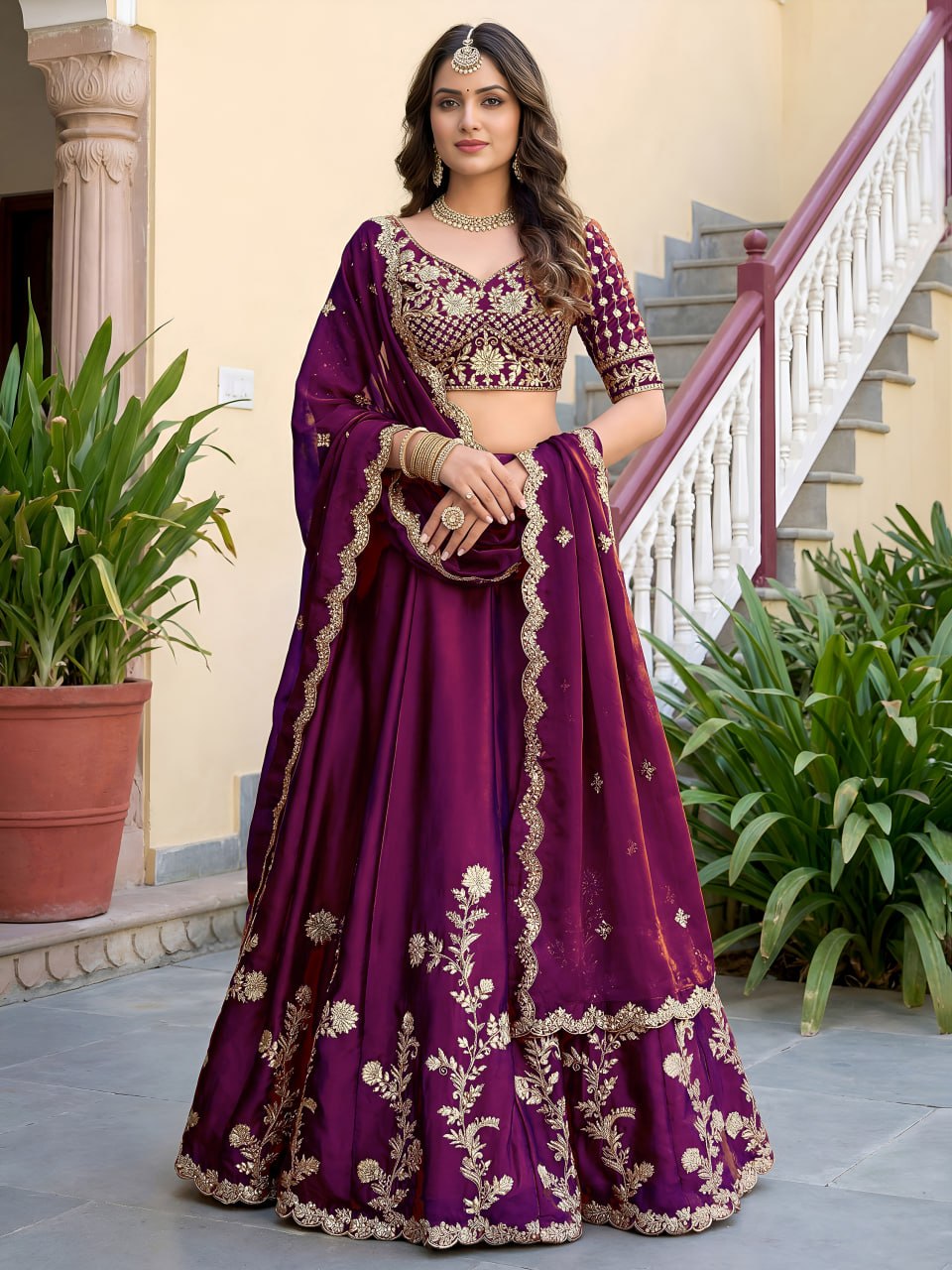 Wine Rangoli Silk Lehenga Choli Set | Zari Dori Sequins Embroidery Bridal Outfit