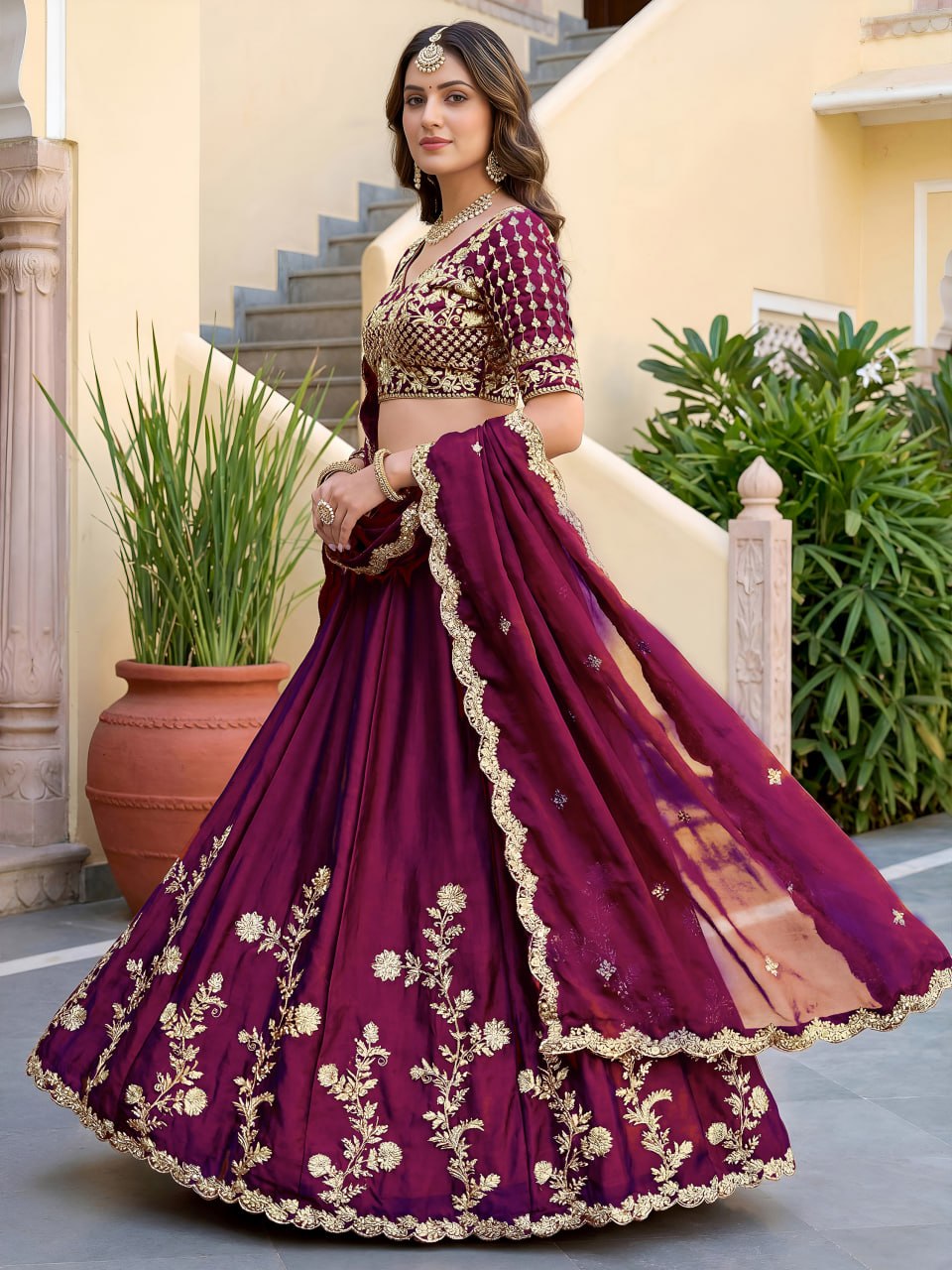 Wine Rangoli Silk Lehenga Choli Set | Zari Dori Sequins Embroidery Bridal Outfit