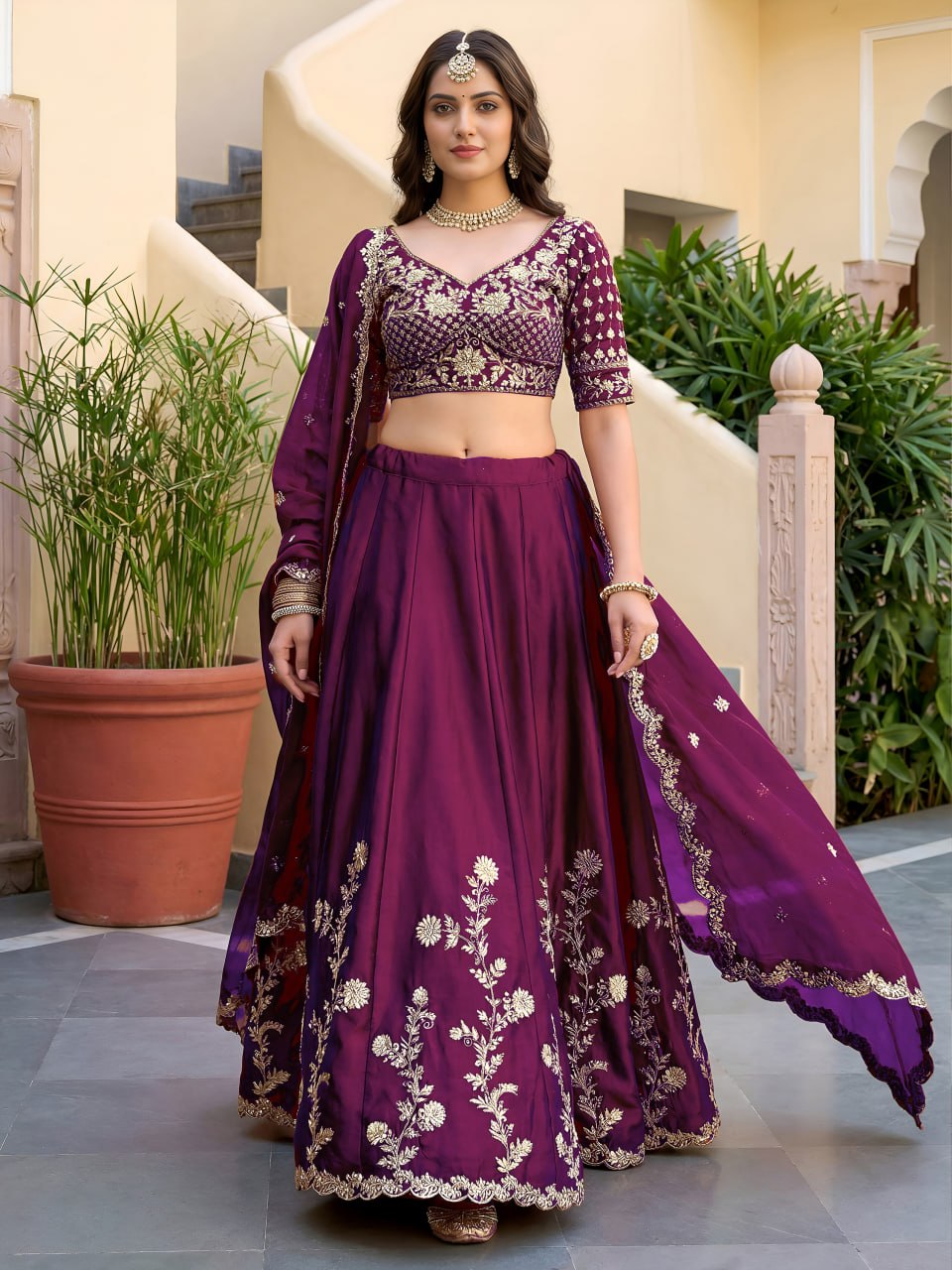 Wine Rangoli Silk Lehenga Choli Set | Zari Dori Sequins Embroidery Bridal Outfit
