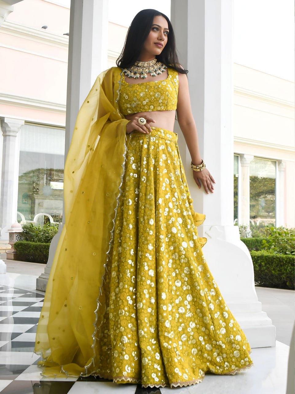 Olive Mustard Georgette Lehenga Choli | Sequins Embroidered Wedding Outfit (Semi-Stitched)