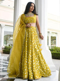 Olive Mustard Georgette Lehenga Choli | Sequins Embroidered Wedding Outfit (Semi-Stitched)