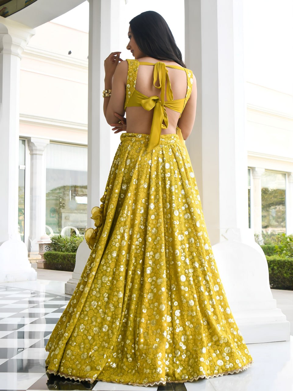 Olive Mustard Georgette Lehenga Choli | Sequins Embroidered Wedding Outfit (Semi-Stitched)