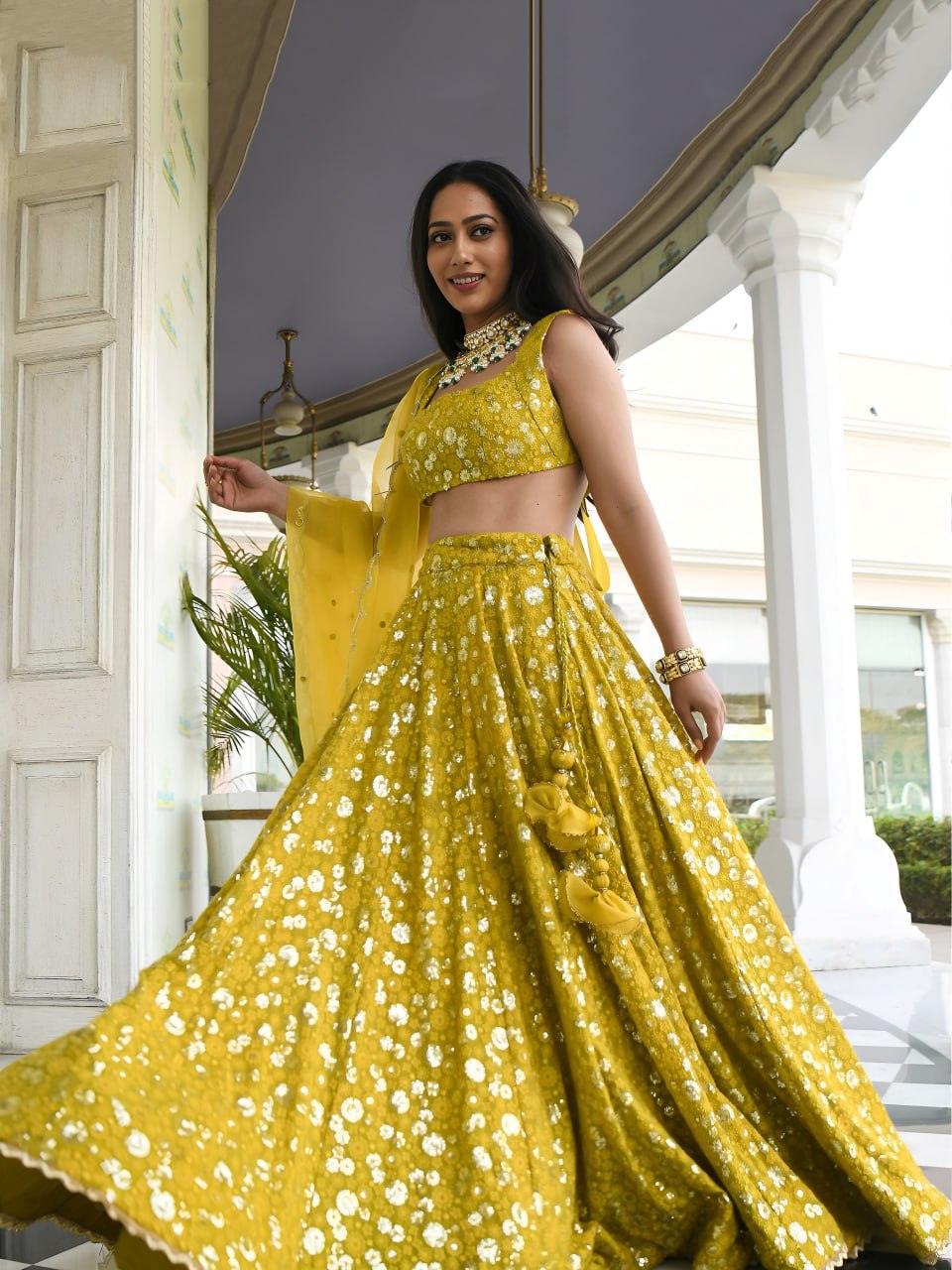 Olive Mustard Georgette Lehenga Choli | Sequins Embroidered Wedding Outfit (Semi-Stitched)