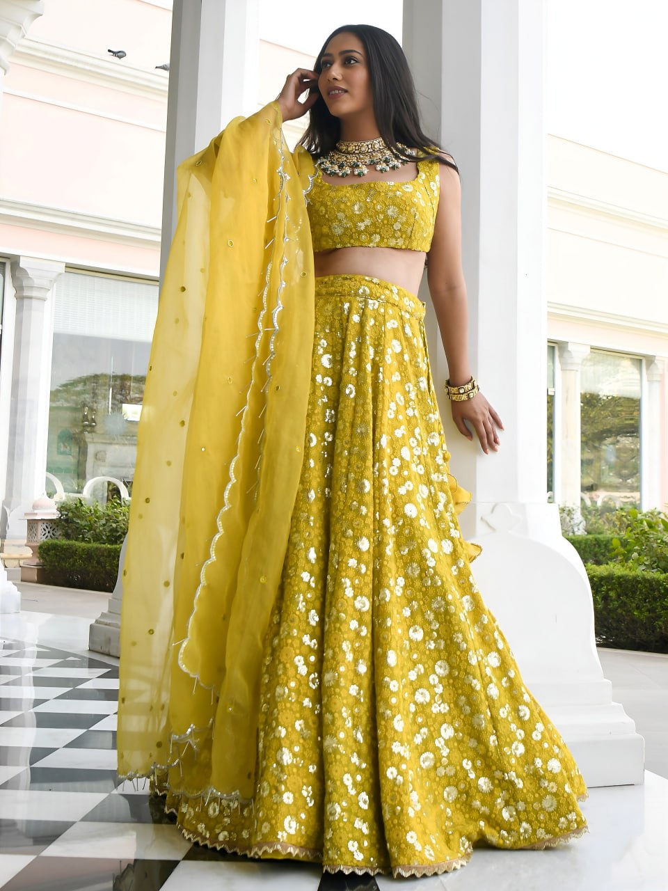 Olive Mustard Georgette Lehenga Choli | Sequins Embroidered Wedding Outfit (Semi-Stitched)