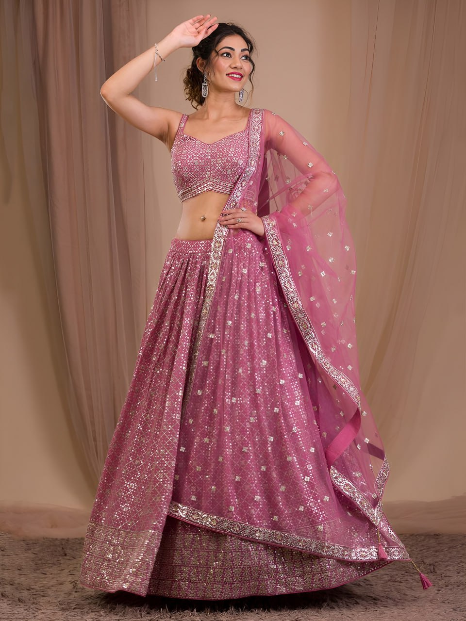 Rosy Mauve Georgette Lehenga Choli Set | Zari Sequins Embroidered Wedding Outfit Net Dupatta