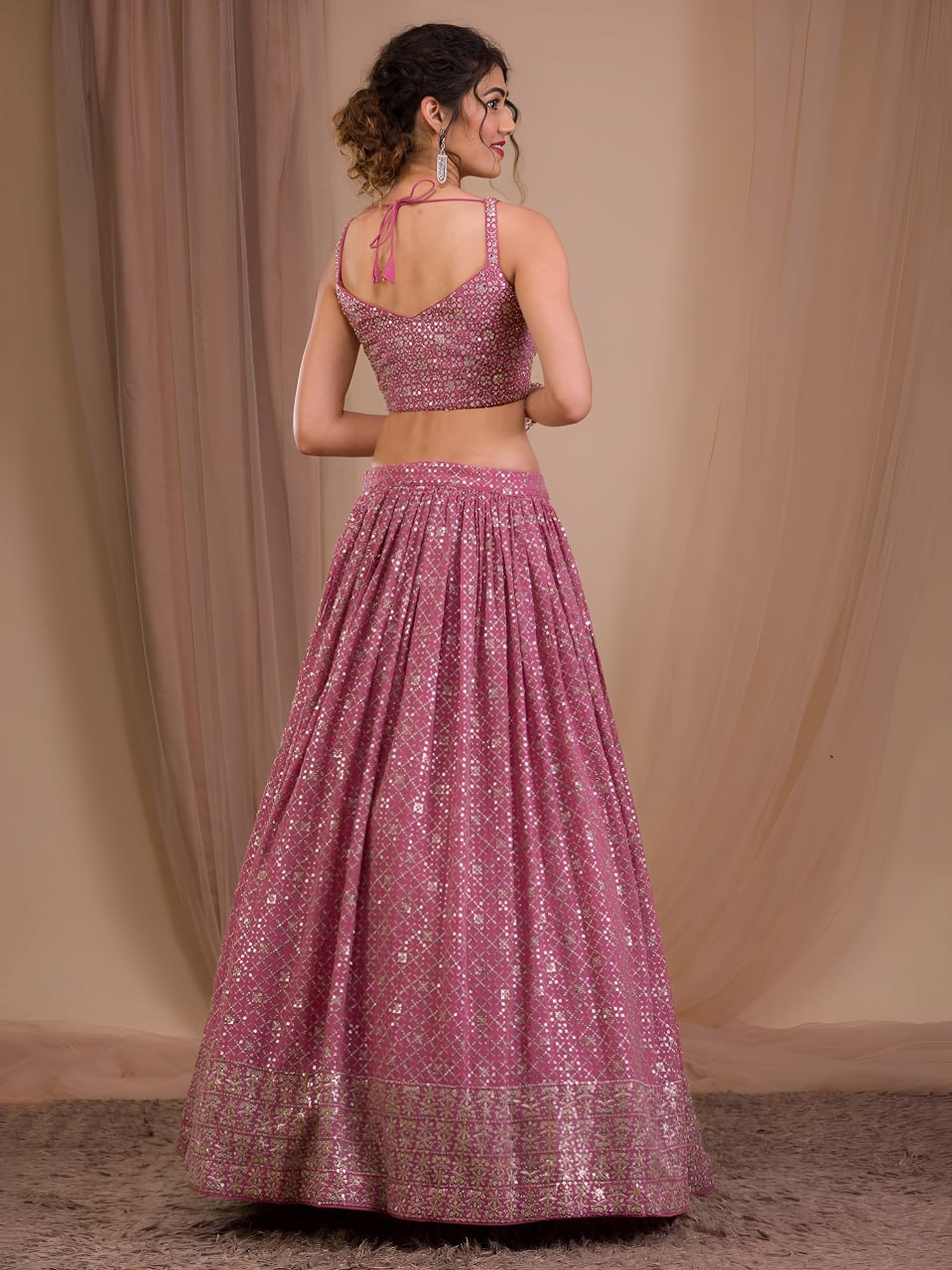 Rosy Mauve Georgette Lehenga Choli Set | Zari Sequins Embroidered Wedding Outfit Net Dupatta