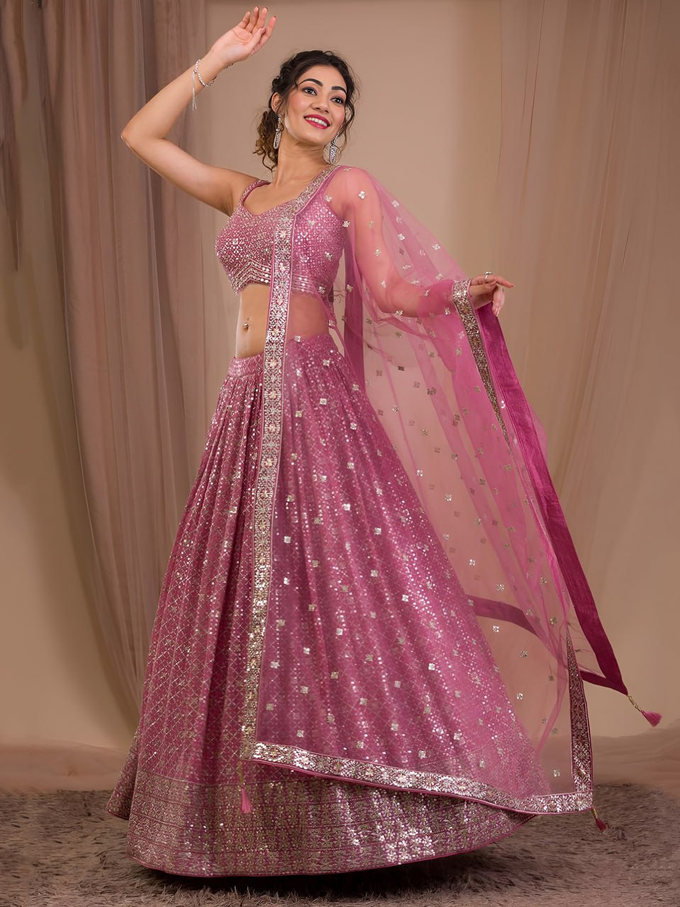 Rosy Mauve Georgette Lehenga Choli Set | Zari Sequins Embroidered Wedding Outfit Net Dupatta