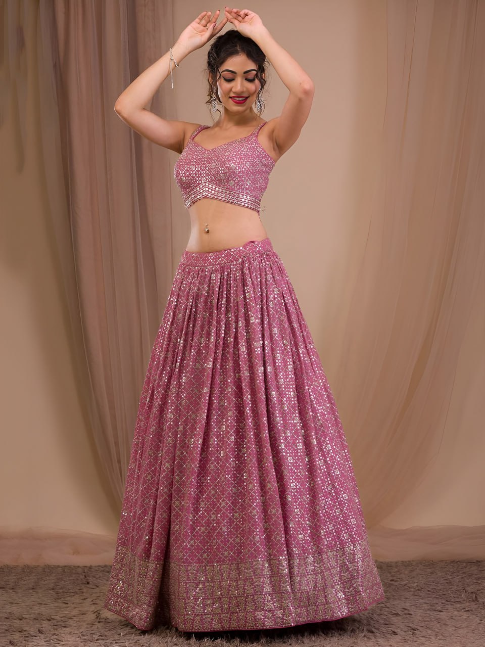 Rosy Mauve Georgette Lehenga Choli Set | Zari Sequins Embroidered Wedding Outfit Net Dupatta
