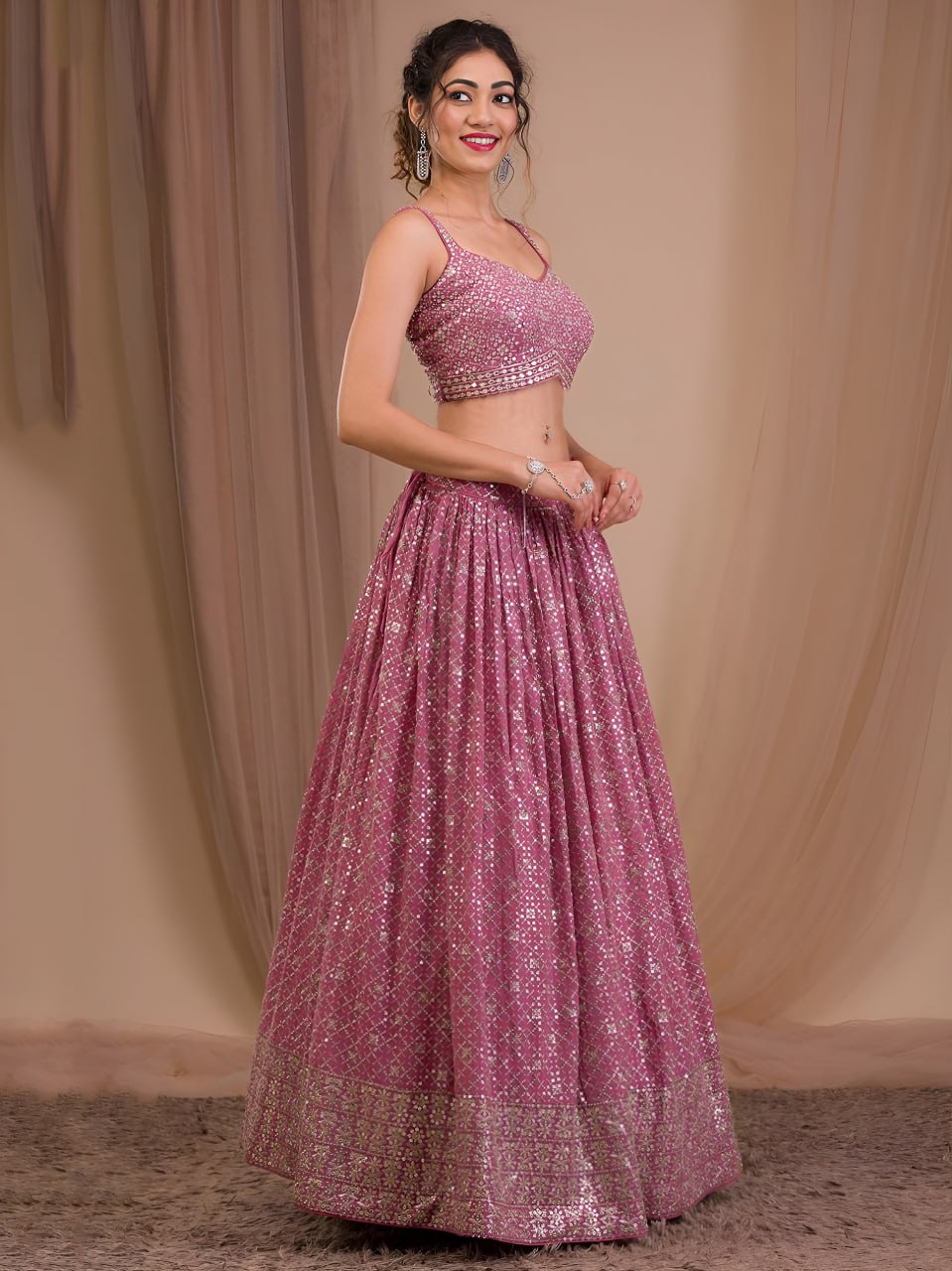 Rosy Mauve Georgette Lehenga Choli Set | Zari Sequins Embroidered Wedding Outfit Net Dupatta