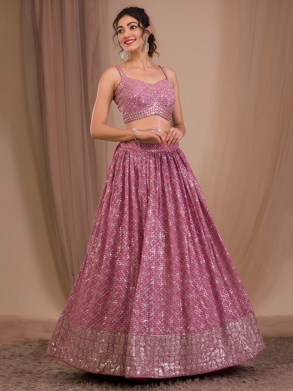 Rosy Mauve Georgette Lehenga Choli Set | Zari Sequins Embroidered Wedding Outfit Net Dupatta