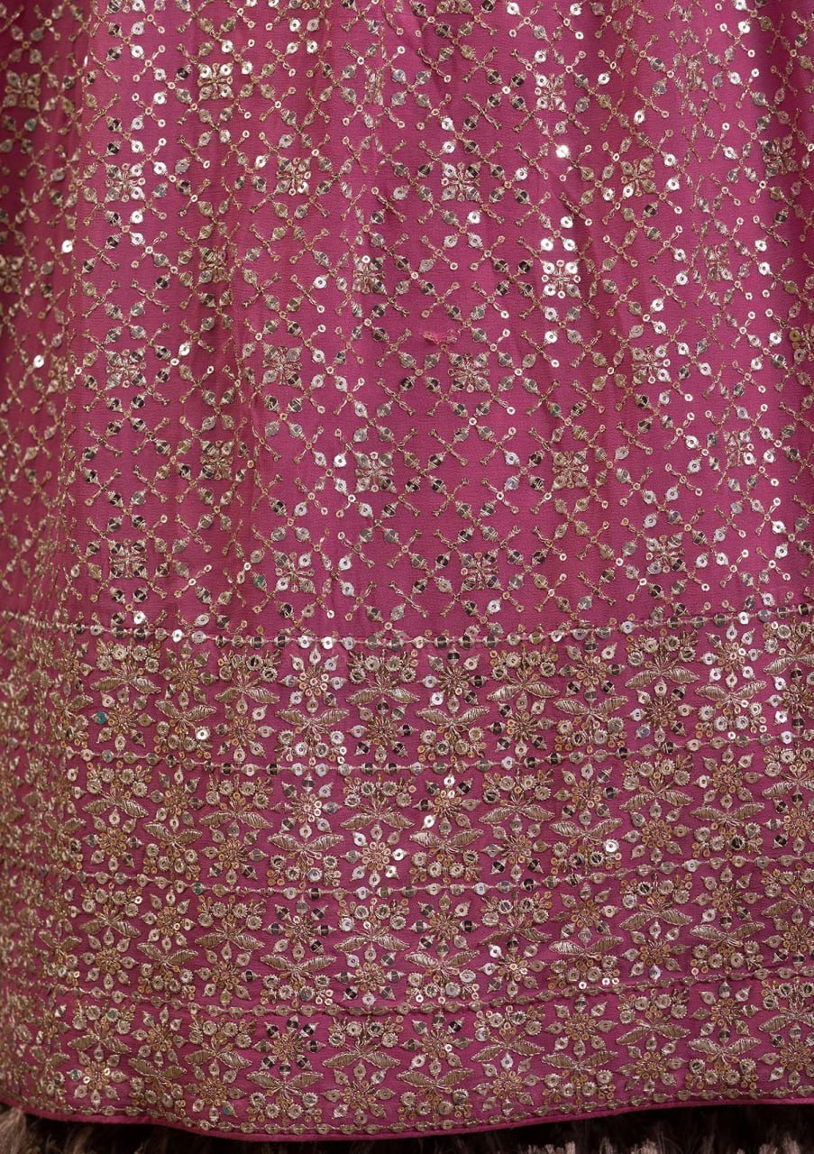 Rosy Mauve Georgette Lehenga Choli Set | Zari Sequins Embroidered Wedding Outfit Net Dupatta