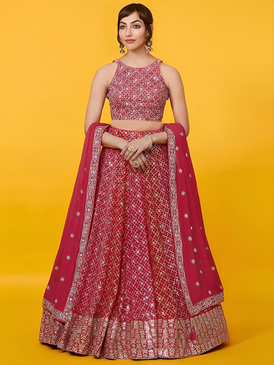 Crimson Red Georgette Lehenga Choli Set | Zari & Sequins Embroidered Lehenga | Semi-Stitched Weddin, Bridal Party Outfit with Net Dupatta