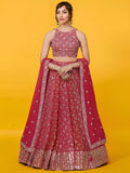 Crimson Red Georgette Lehenga Choli Set | Zari & Sequins Embroidered Lehenga | Semi-Stitched Weddin, Bridal Party Outfit with Net Dupatta