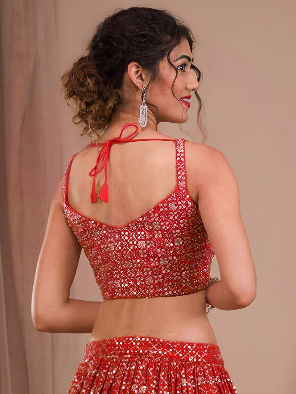 Crimson Red Georgette Lehenga Choli Set | Zari & Sequins Embroidered Lehenga | Semi-Stitched Weddin, Bridal Party Outfit with Net Dupatta