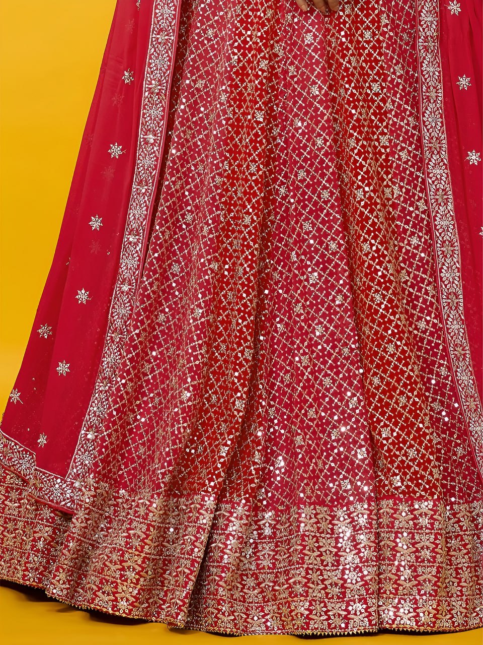 Crimson Red Georgette Lehenga Choli Set | Zari & Sequins Embroidered Lehenga | Semi-Stitched Weddin, Bridal Party Outfit with Net Dupatta