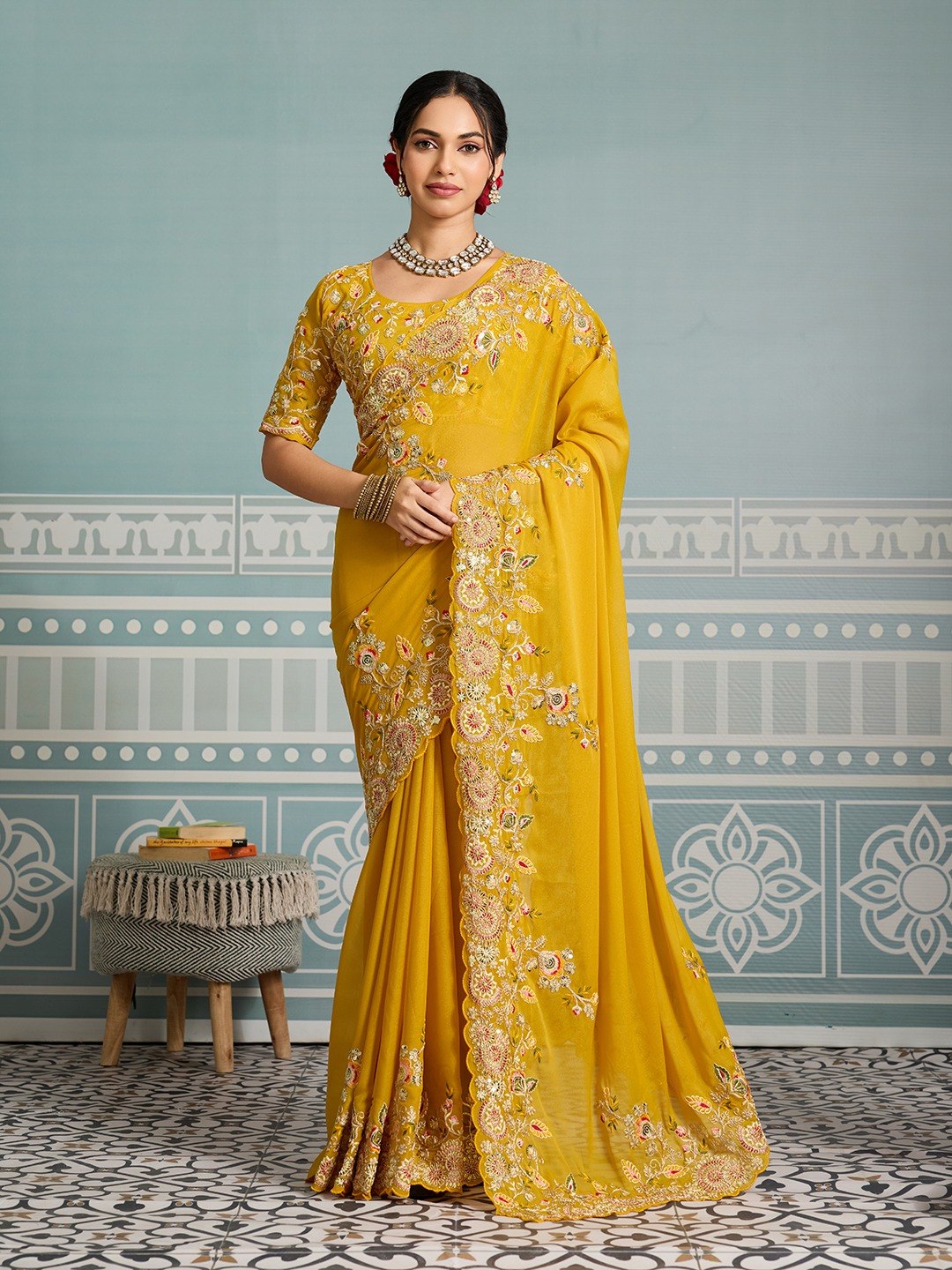 Soft Star Georgette Embroidered Saree with Cutwork Aarco Border